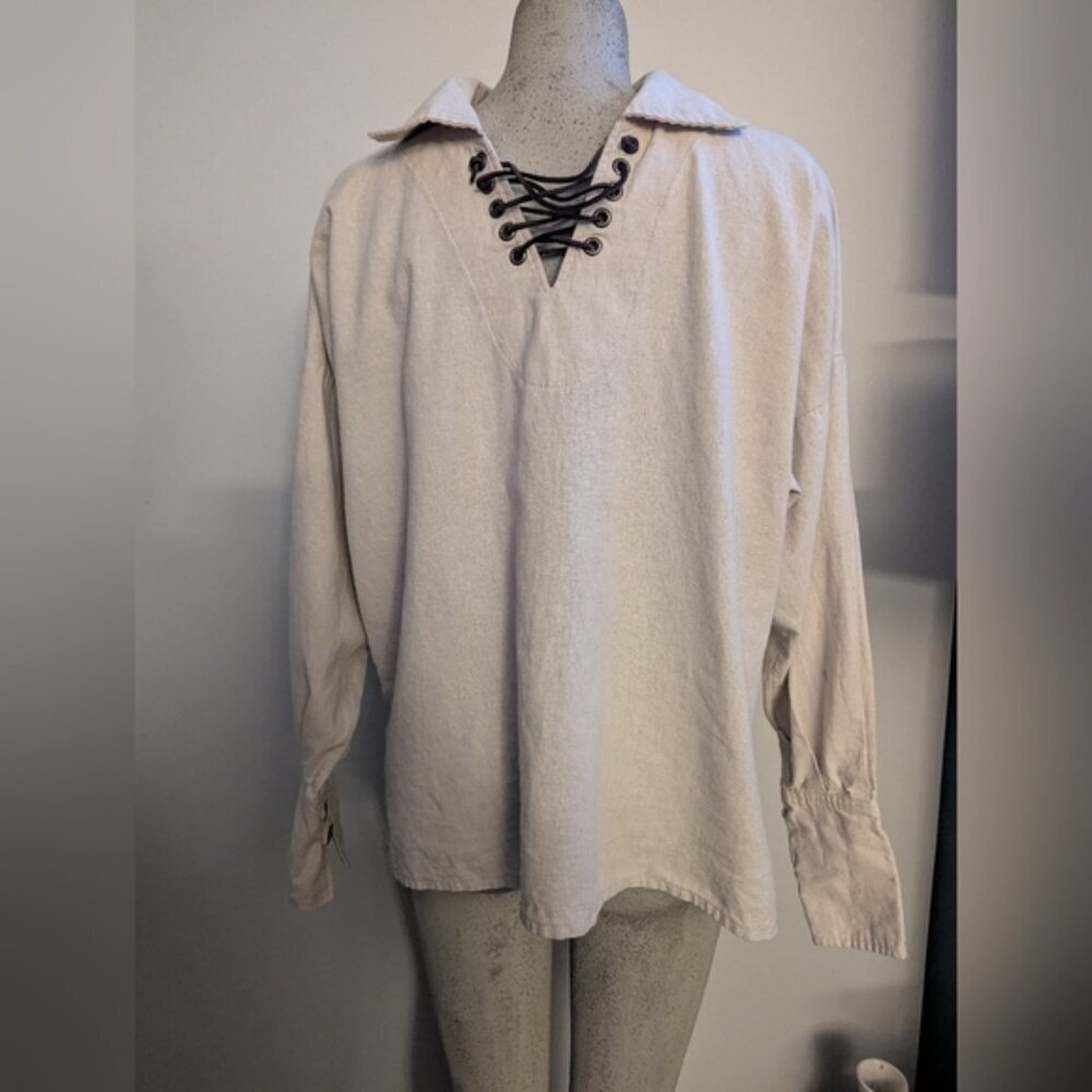 Medieval linen shirt with leather lacing at collar Designer Anne LaRochelle - Picture 6 of 8